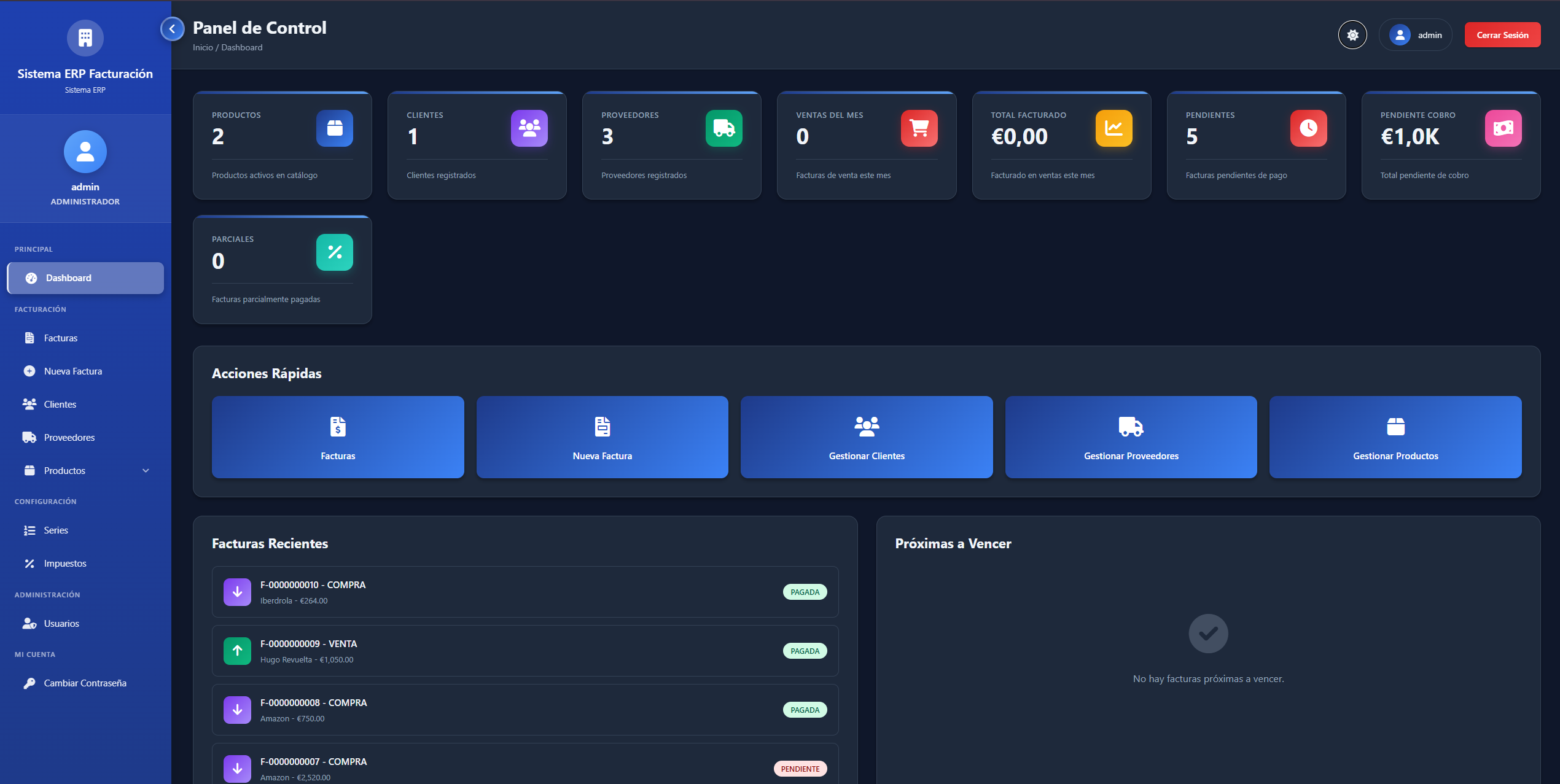 Panel de control del ERP con módulos y facturas